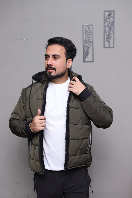 Green Detachable Sleeves Puffer Jacket