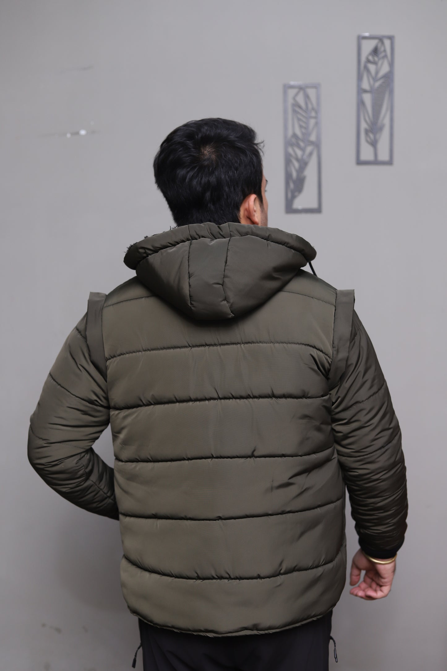 Green Detachable Sleeves Puffer Jacket