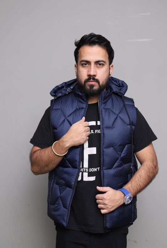 Imported blue sleeveless puffer jacket