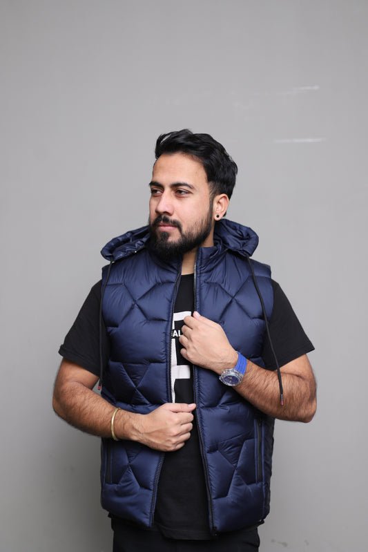 Imported blue sleeveless puffer jacket