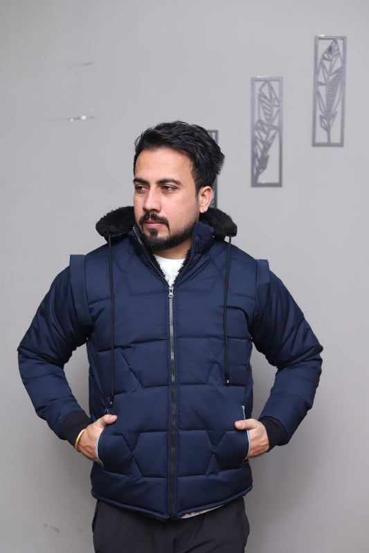 Blue Detachable Sleeves Puffer Jacket