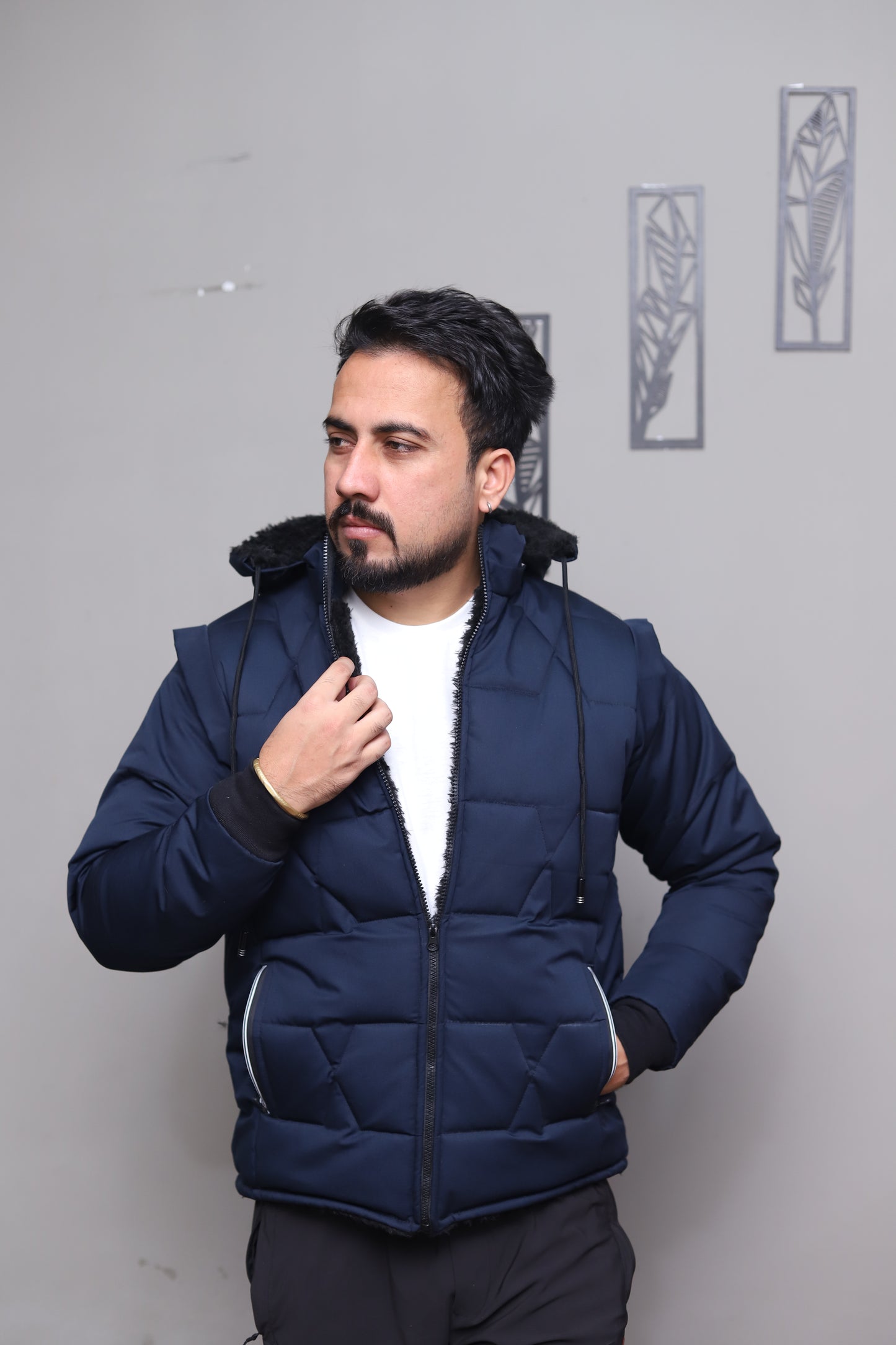 Blue Detachable Sleeves Puffer Jacket