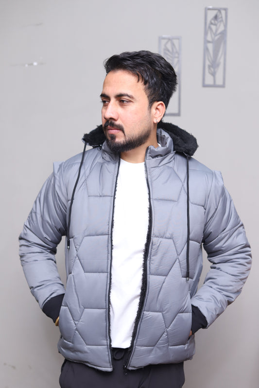 Grey Detachable Sleeves Puffer Jacket